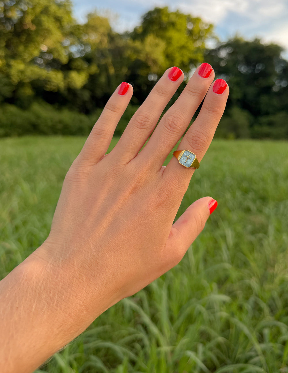 Sky Blue Enamel Cross Ring