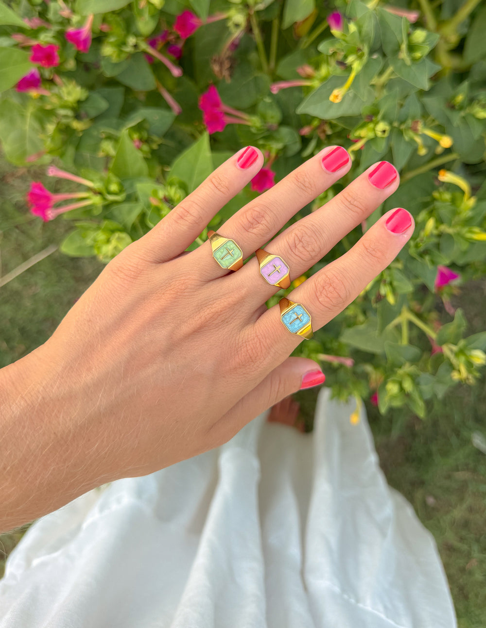 Sky Blue Enamel Cross Ring