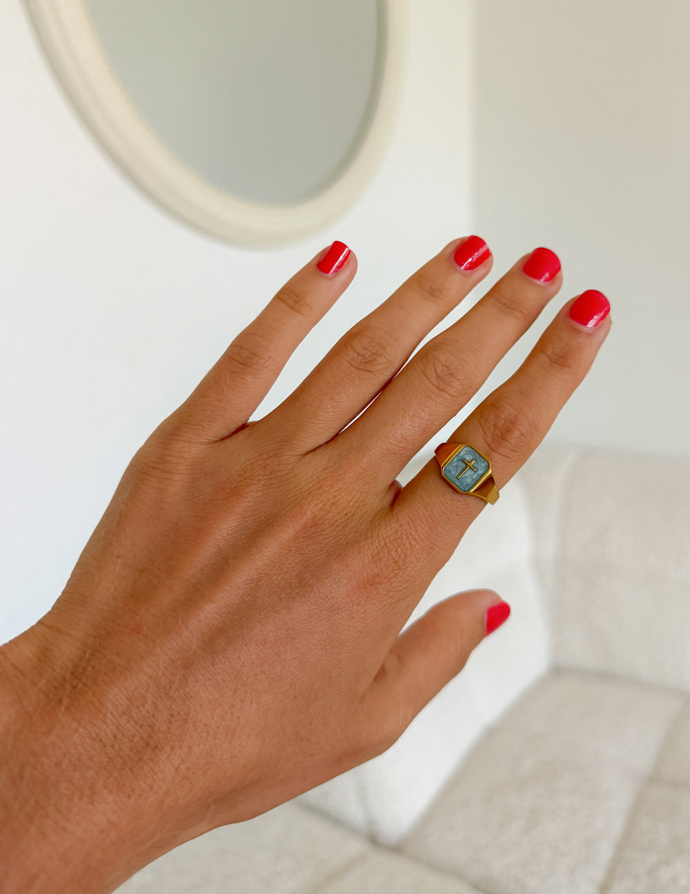 Sky Blue Enamel Cross Ring