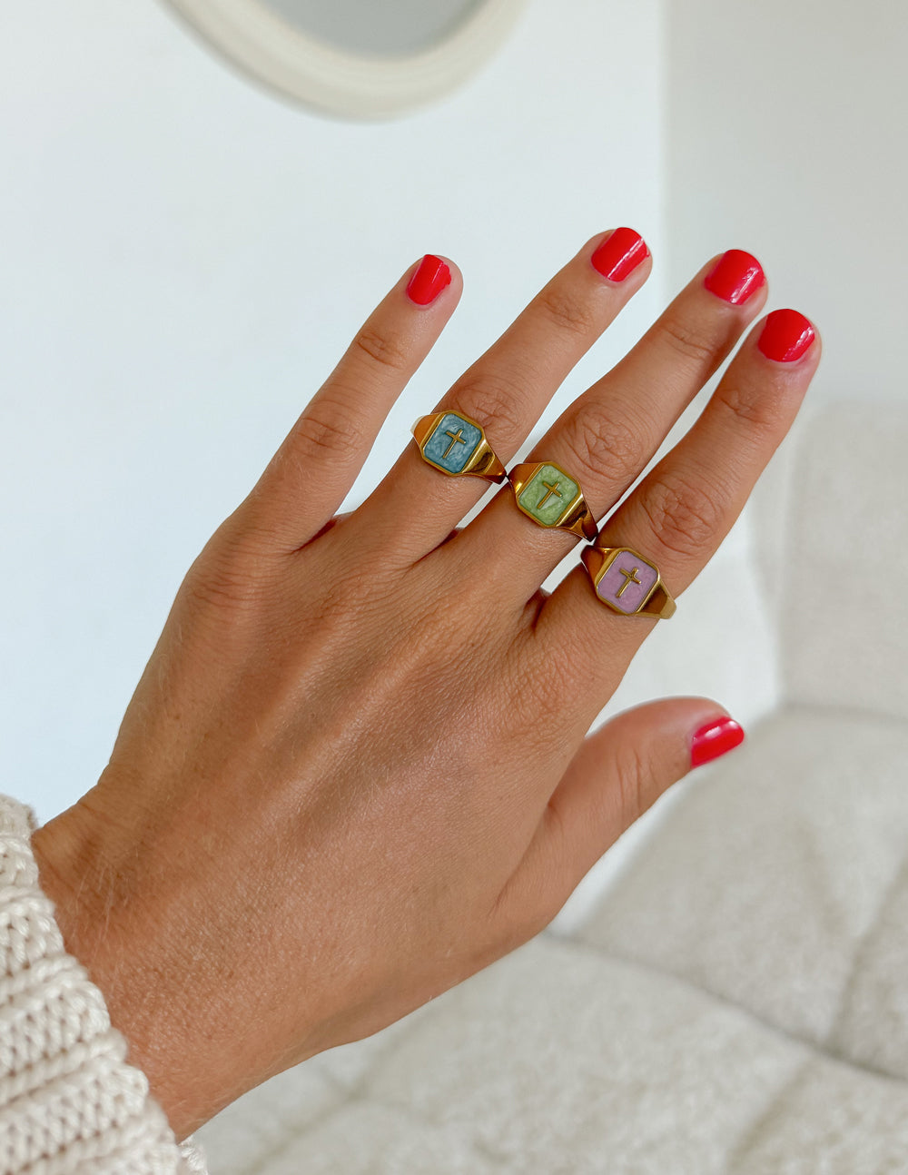 Sky Blue Enamel Cross Ring