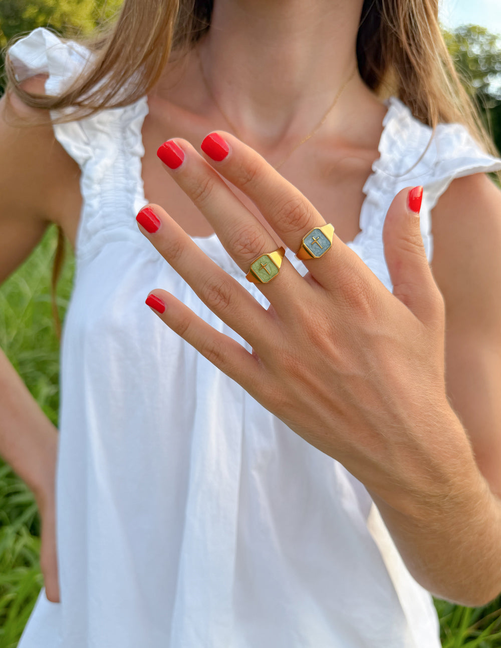Matcha Green Enamel Cross Ring